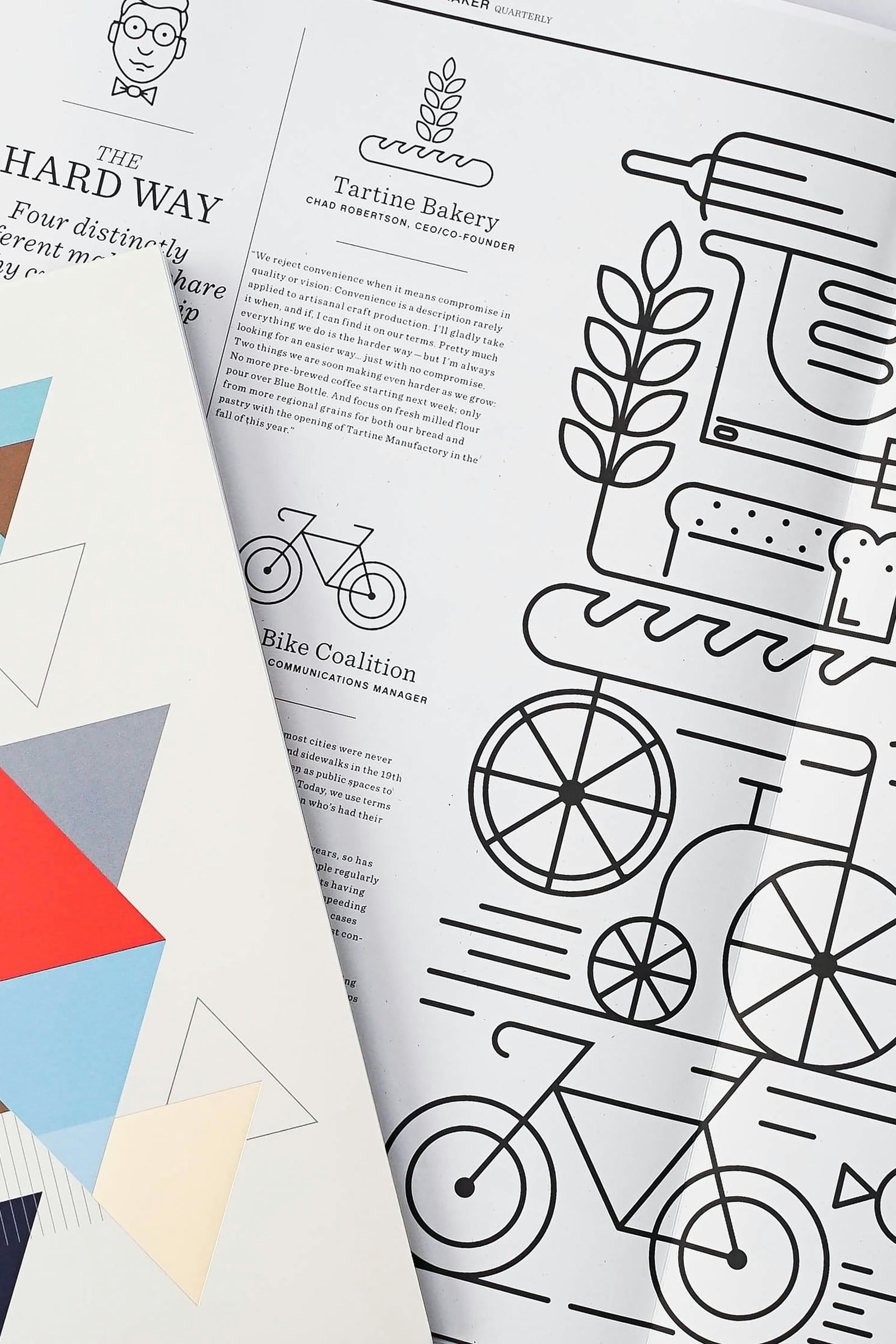 Printed brand pages with line illustrations and geometric shapes